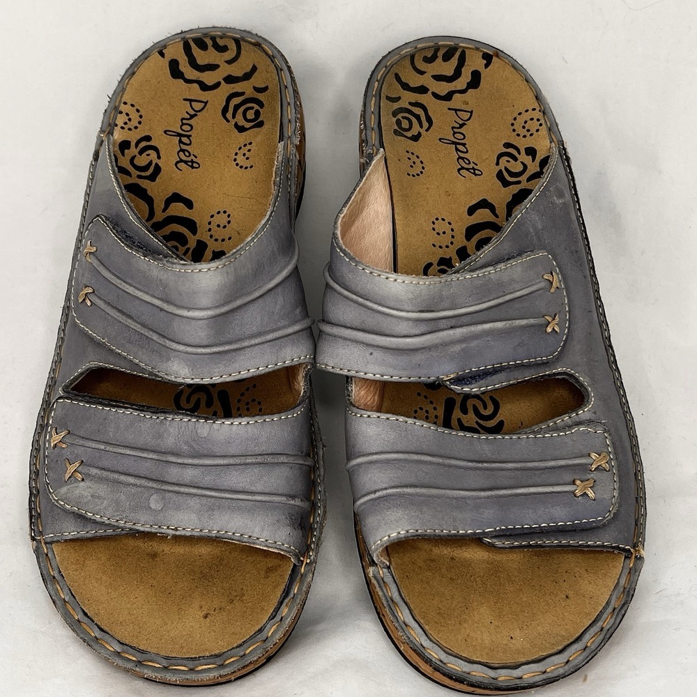 Propét Women's Leather Sandals Gray Comfort Slides Adjustable‎ Strap Size 6.5 M